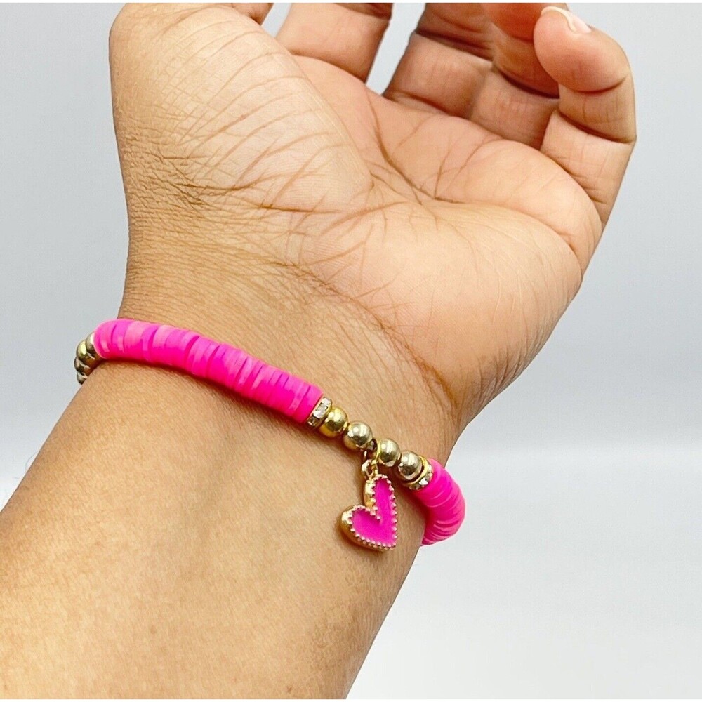 New Women’s & Girls Flat Beads Pink Bracelet With Metal Gold Color Beads White - Picture 4 of 7